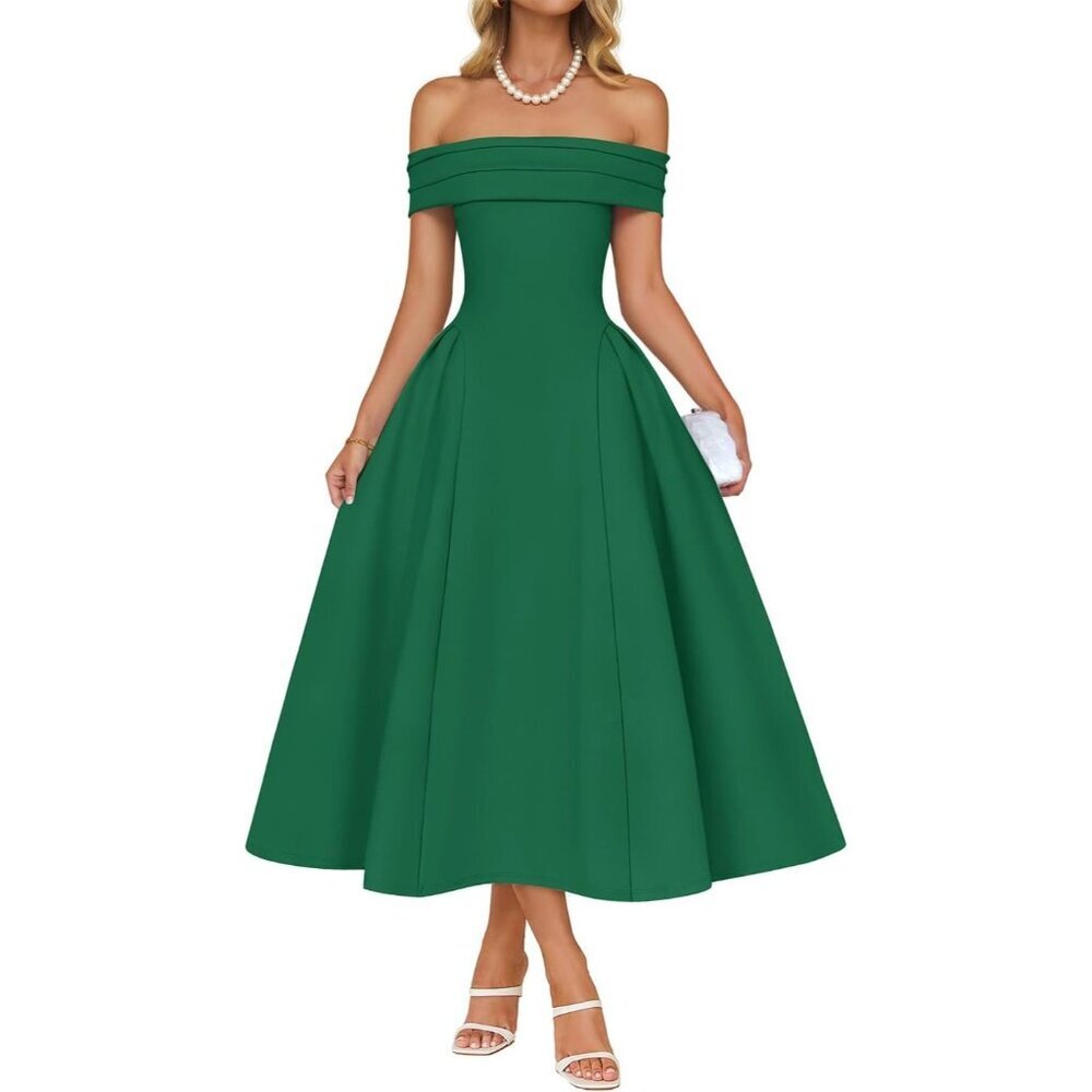 Women's Green Elegant Off Shoulder Short Sleeve Swing A Line Midi Dress